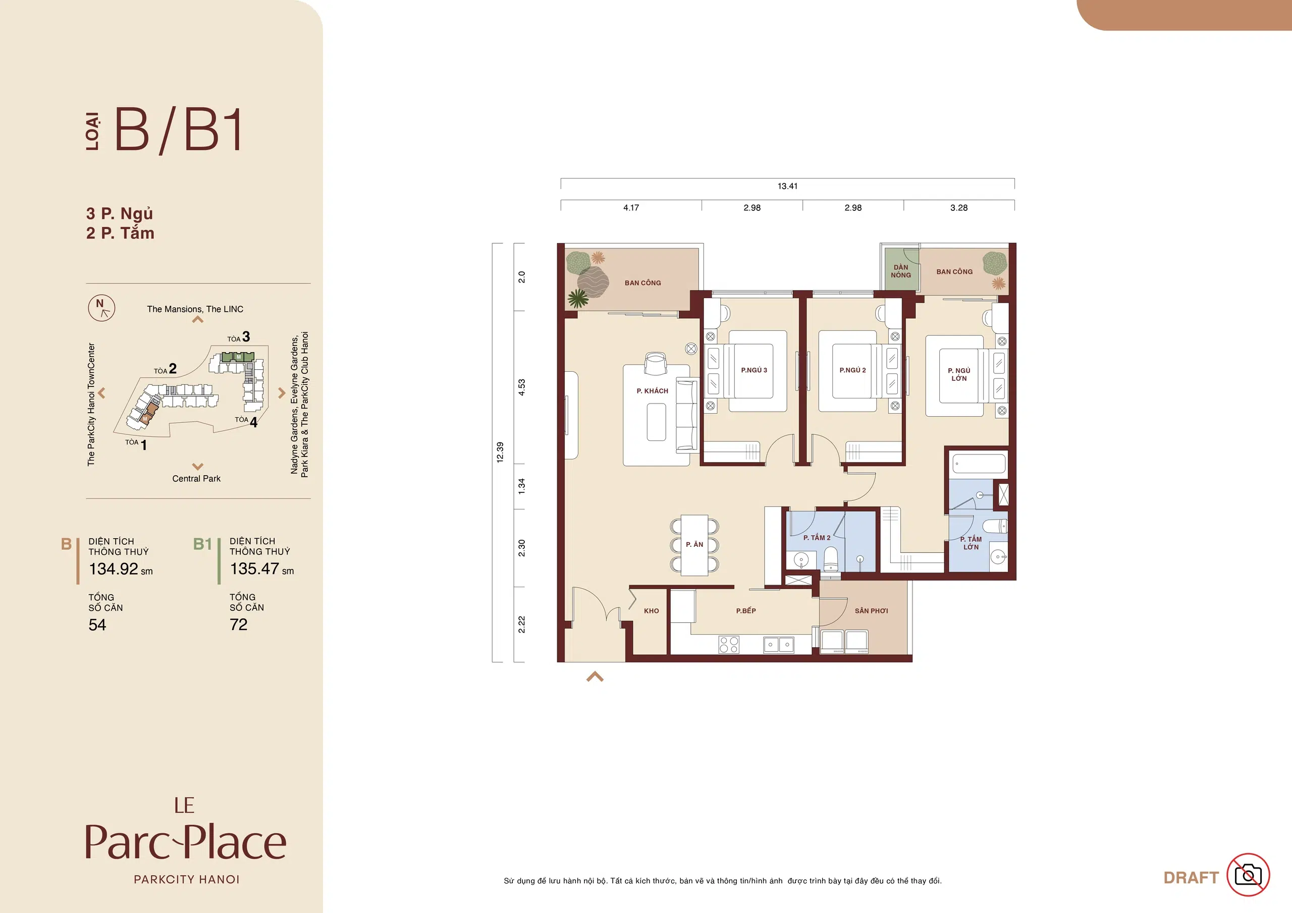 Mat bang thiet ke 3PN B B1 Le Parc Place